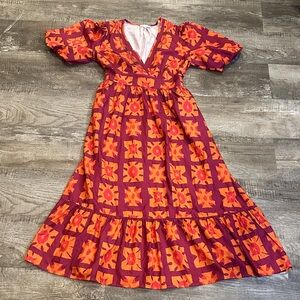 MELLODAY Puff Sleeve Red and Orange Maxi Dress